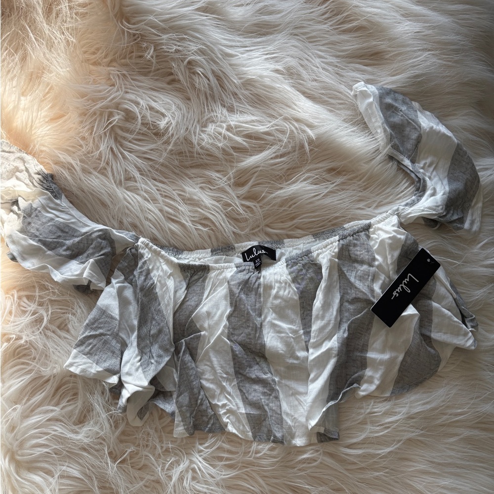 Lulu's Gray and White Off-Shoulder Blouse